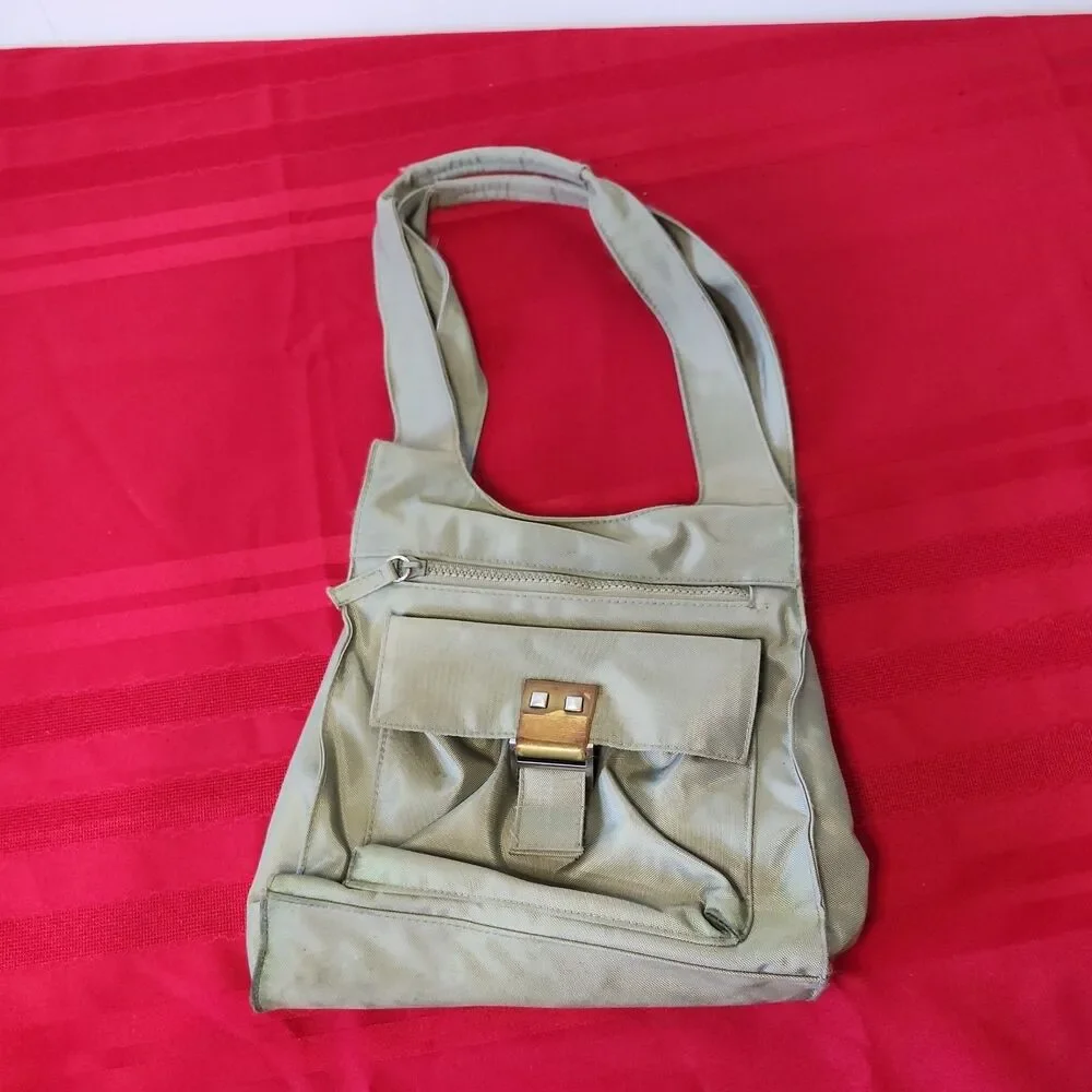 Vintage Y2K Olive Green Nylon Hobo Bag Utility Multi-Pocket Shoulder Purse